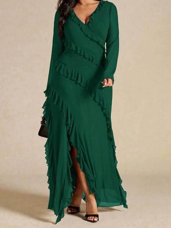 Dresses & Skirts - Dark Green Elegant Women's V-Neck Ruffle Hem Long Sleeve Maxi Dress